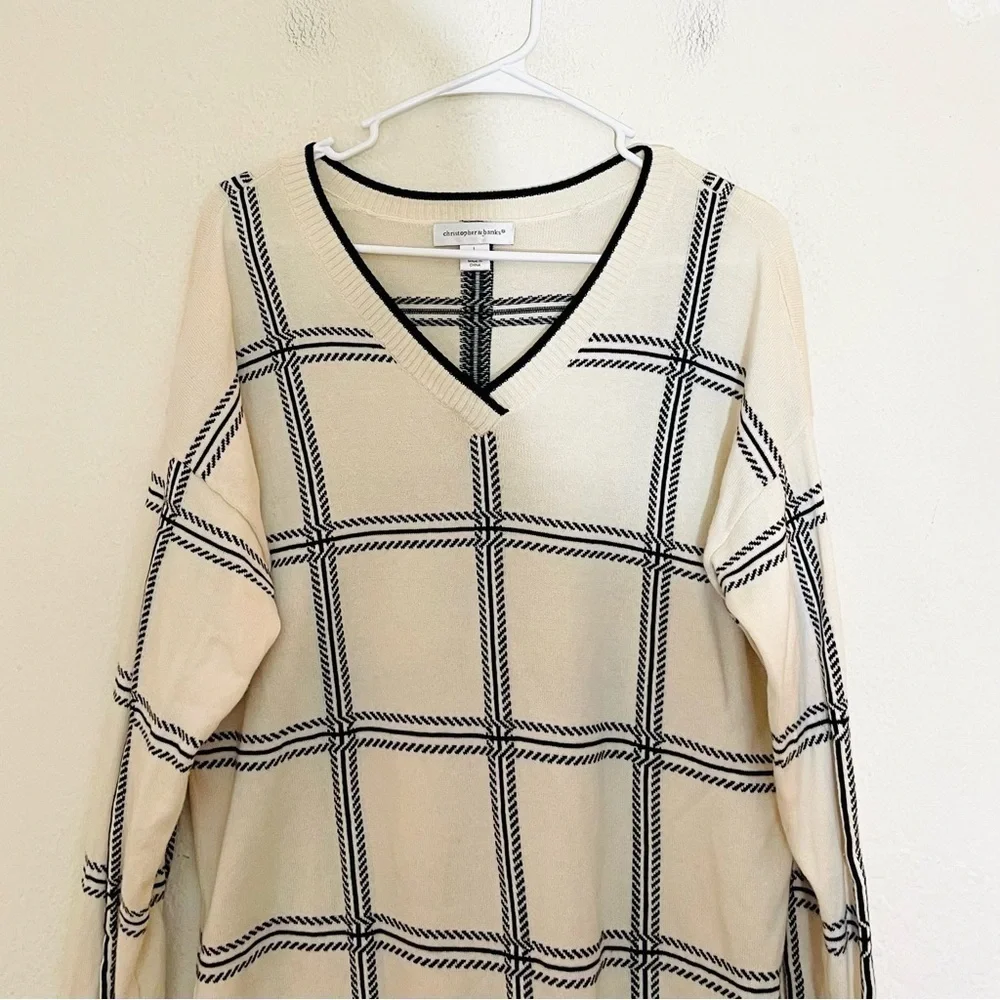 Christopher & Banks Windowpane Grid V-Neck Long Sleeve Sweater L Black/White
